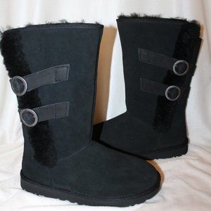 NIB UGG‎ WOMEN'S TALL MOTO  SUEDE SPILL SEAM SHEARLING BUCKLE BOOTS BLACK